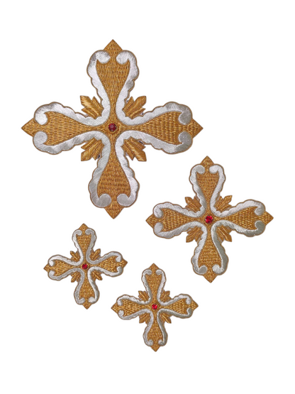 Gold &amp; Silver Hand-Embroidered Cross Set of 12 | Bullion Wire Liturgical Appliqué | Sew-On Cross for Vestments &amp; Banners | Handmade Church Embroidery