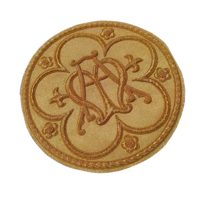 Marian Monogram Appliqué | Hand-Embroidered “MA” Symbol in Gold Bullion Wire | 18x18 cm Sew-On Appliqué for Vestments | Handmade Liturgical Embroidery