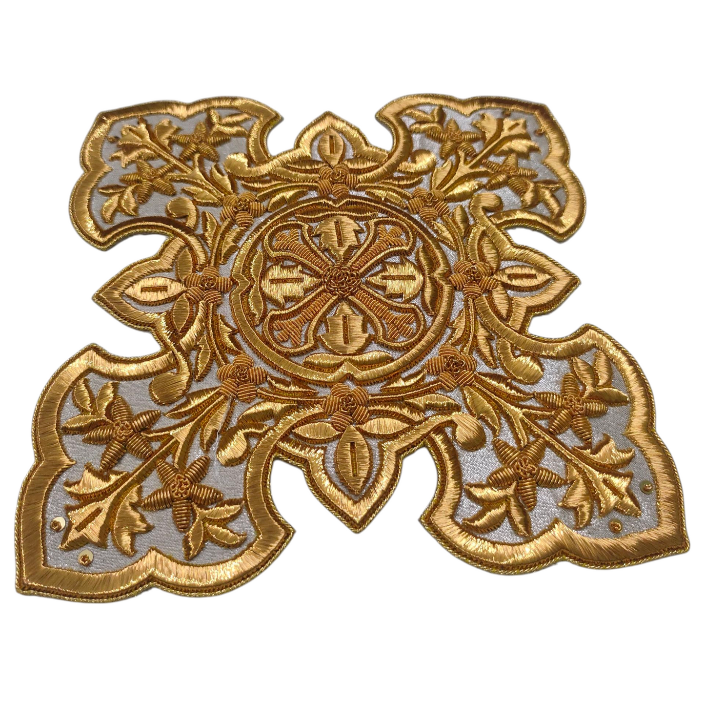 Gold Bullion Hand-Embroidered Cross Appliqué | 20x20 cm Sew-On Liturgical Cross on Silver Fabric | Unique Church Vestment Embroidery | Handmade Ecclesiastical Art