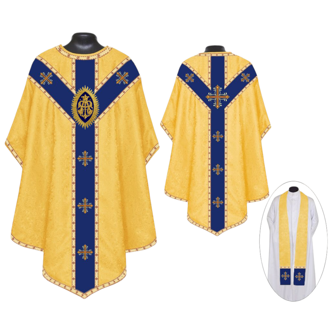 Handcrafted Marian Chasuble Set – Damask with Embroidered "MA" Appliqué