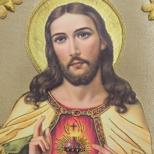 Sacred Heart of Jesus Appliqué | Hand-Embroidered &amp; Printed Vestment Icon Patch | Gold Bullion Wire on Gold Fabric