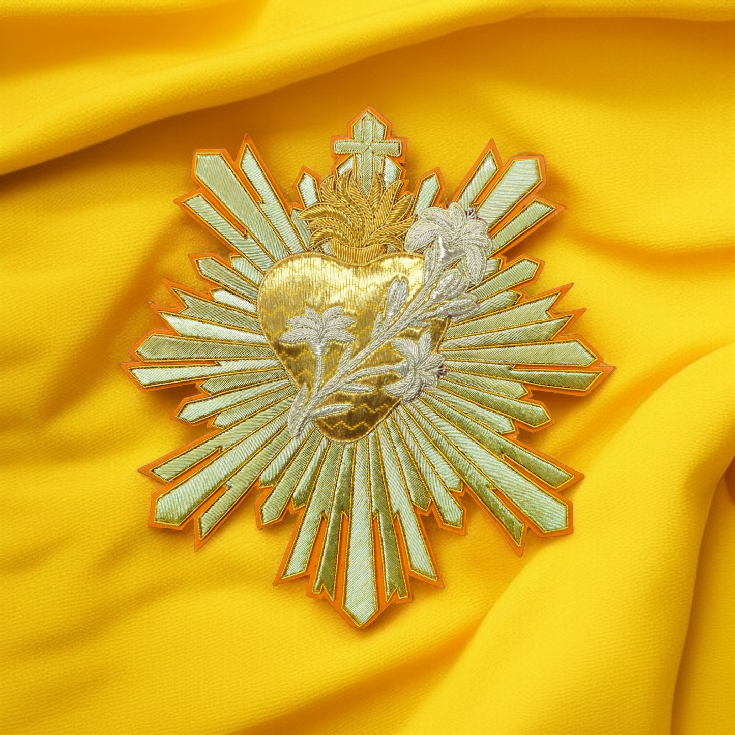 Most Chaste Heart of Saint Joseph Appliqué | Hand-Embroidered Vestment Patch in Gold Mylar and Silver Bullion