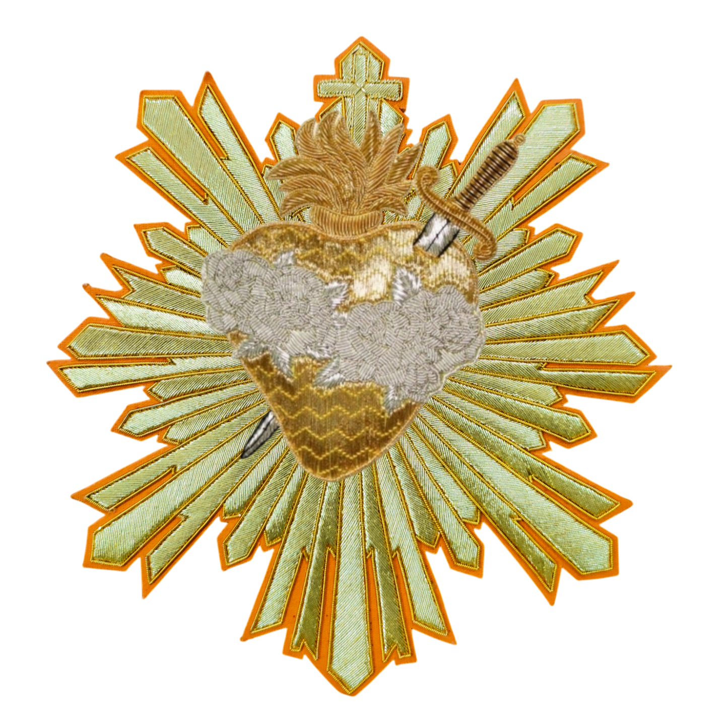 Immaculate Heart of Mary with Rays Appliqué | Hand-Embroidered Vestment Patch with Gold Mylar and Silver Bullion Rays