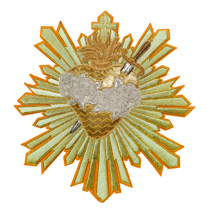 Immaculate Heart of Mary with Rays Appliqué | Hand-Embroidered Vestment Patch with Gold Mylar and Silver Bullion Rays