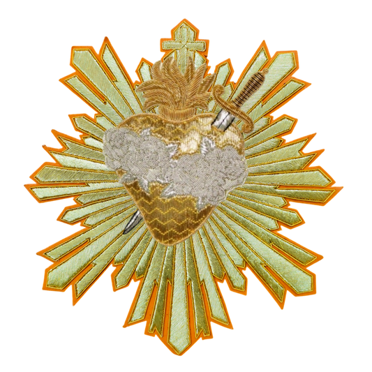 Immaculate Heart of Mary with Rays Appliqué | Hand-Embroidered Vestment Patch with Gold Mylar and Silver Bullion Rays