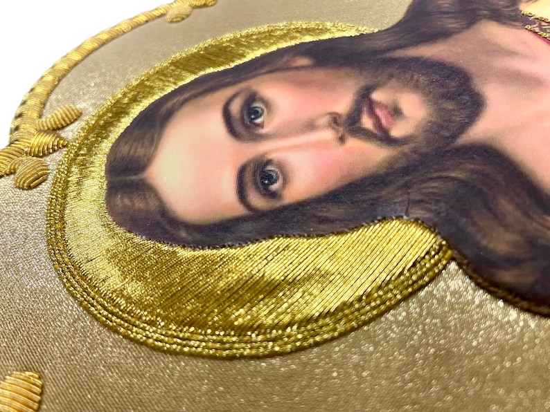 Sacred Heart of Jesus Appliqué | Hand-Embroidered &amp; Printed Vestment Icon Patch | Gold Bullion Wire on Gold Fabric