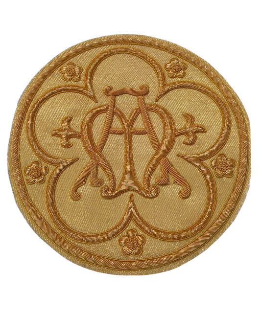 Marian Monogram Appliqué | Hand-Embroidered “MA” Symbol in Gold Bullion Wire | 18x18 cm Sew-On Appliqué for Vestments | Handmade Liturgical Embroidery