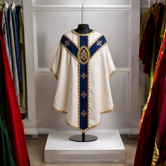 Handcrafted Marian Chasuble Set – Damask with Embroidered "MA" Appliqué