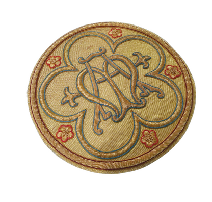 Marian Monogram Appliqué | Hand-Embroidered “MA” Symbol in Gold Bullion Wire | 18x18 cm Sew-On Appliqué for Vestments | Handmade Liturgical Embroidery