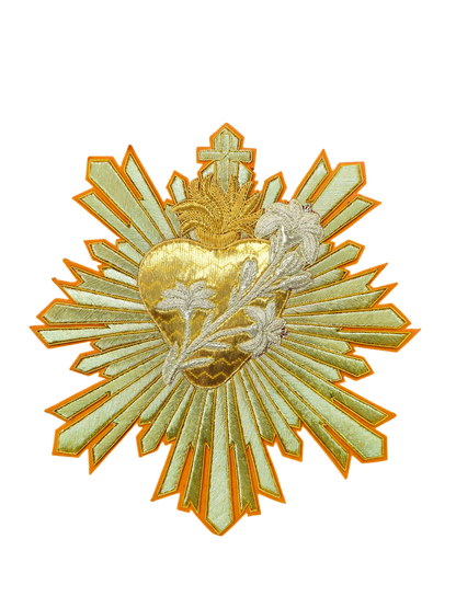 Most Chaste Heart of Saint Joseph Appliqué | Hand-Embroidered Vestment Patch in Gold Mylar and Silver Bullion