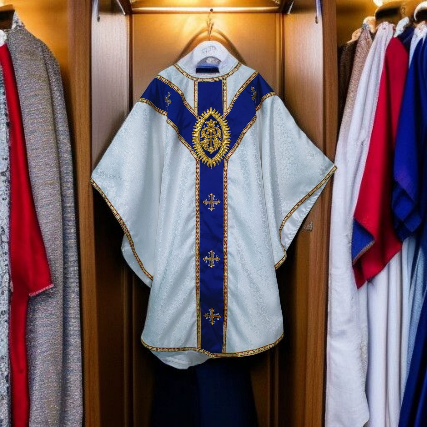 Handcrafted Marian Chasuble Set – Damask with Embroidered "MA" Appliqué