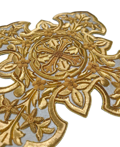 Gold Bullion Hand-Embroidered Cross Appliqué | 20x20 cm Sew-On Liturgical Cross on Silver Fabric | Unique Church Vestment Embroidery | Handmade Ecclesiastical Art